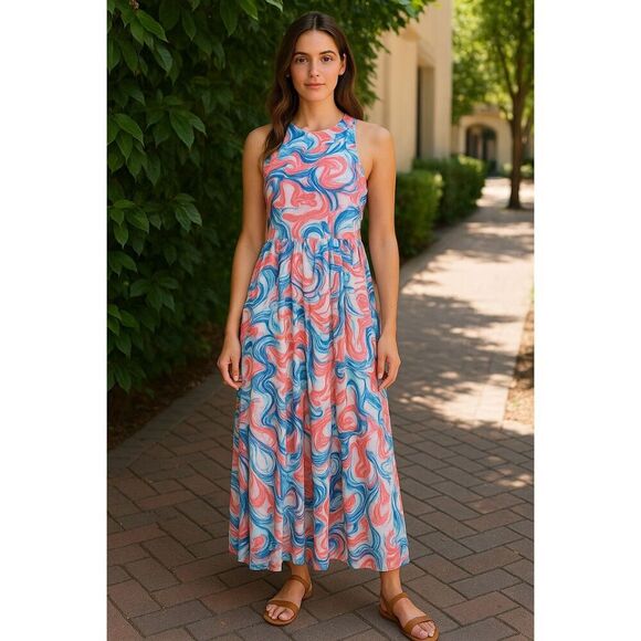 ✨ Tahari Size 14 Abstract Watercolor Maxi Dress | Halter Neck | NWT - Picture 4 of 5